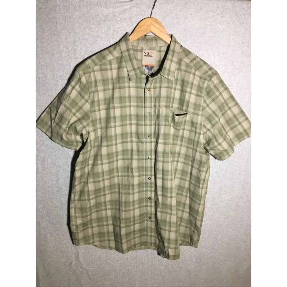 Mens 511 Tactical Button Up Shirt Green Snap Buttons Plaid Casual Outdoors